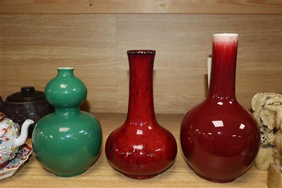 Two Chinese flambe glazed vases and a green crackle glaze double gourd vase (3) Tallest piece measures 23cm